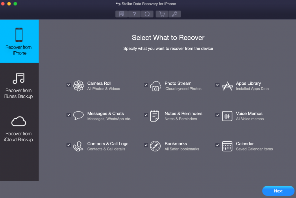 Stellar Data Recovery for iPhone > Recover from iPhone tab